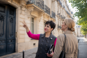 Chasseur immobilier accompagnant un acheteur international lors d'une visite à Paris