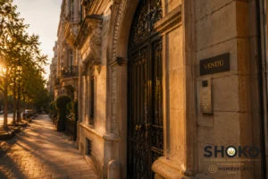 Porte d'immeuble parisien classique avec panneau vendu à la lumière dorée — succès d'une transaction immobilière avec un chasseur immobilier à Paris