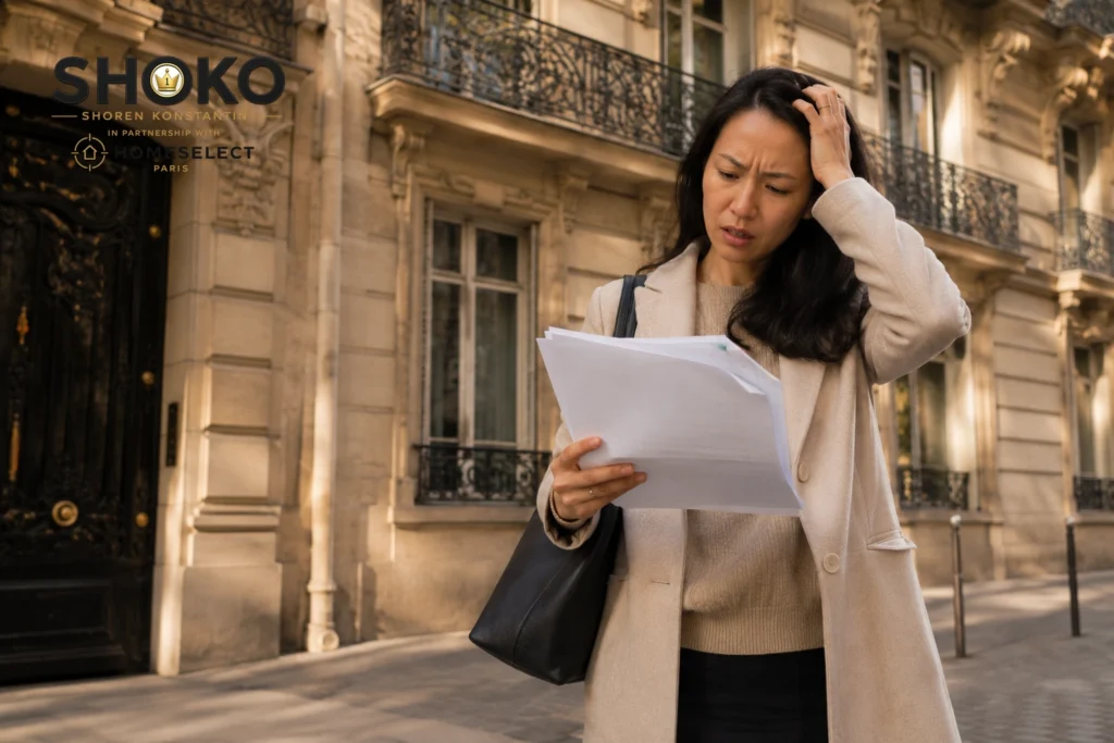 Un acheteur étranger découragé devant un immeuble haussmannien à Paris, tenant des documents, l'air perdu sans accompagnement professionnel