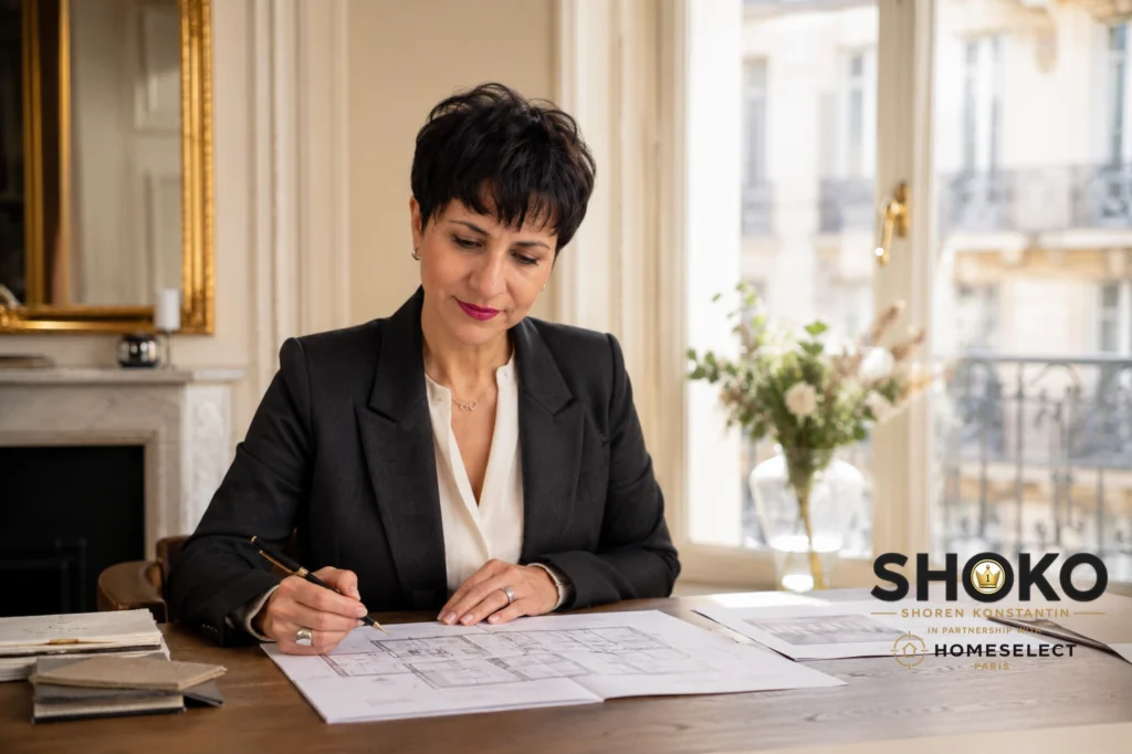 Professionnel examinant des plans immobiliers dans un bureau parisien illustrant le processus de recherche avec un chasseur immobilier à Paris