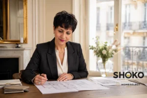 Professionnel examinant des plans immobiliers dans un bureau parisien illustrant le processus de recherche avec un chasseur immobilier à Paris