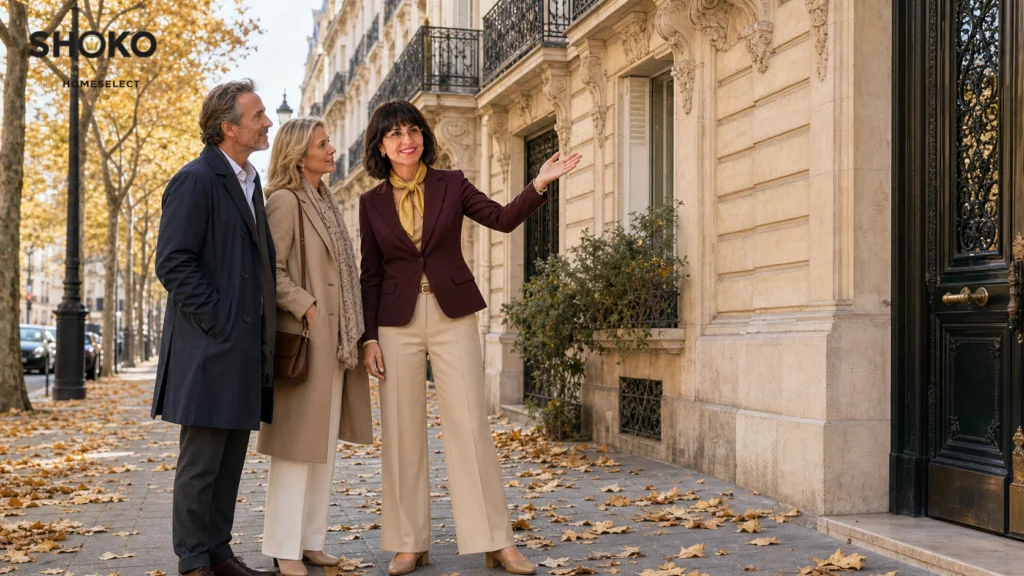 SHOKO montre la façade d'un immeuble haussmannien à un couple belge dans une rue parisienne aux couleurs d'automne