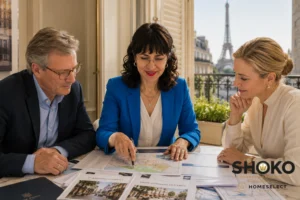 SHOKO compare les quartiers de Paris sur une carte avec un couple d'acheteurs belges depuis un balcon avec vue sur la tour Eiffel