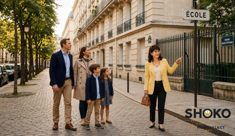 Couple international visitant un appartement parisien lors d'une consultation d'achat