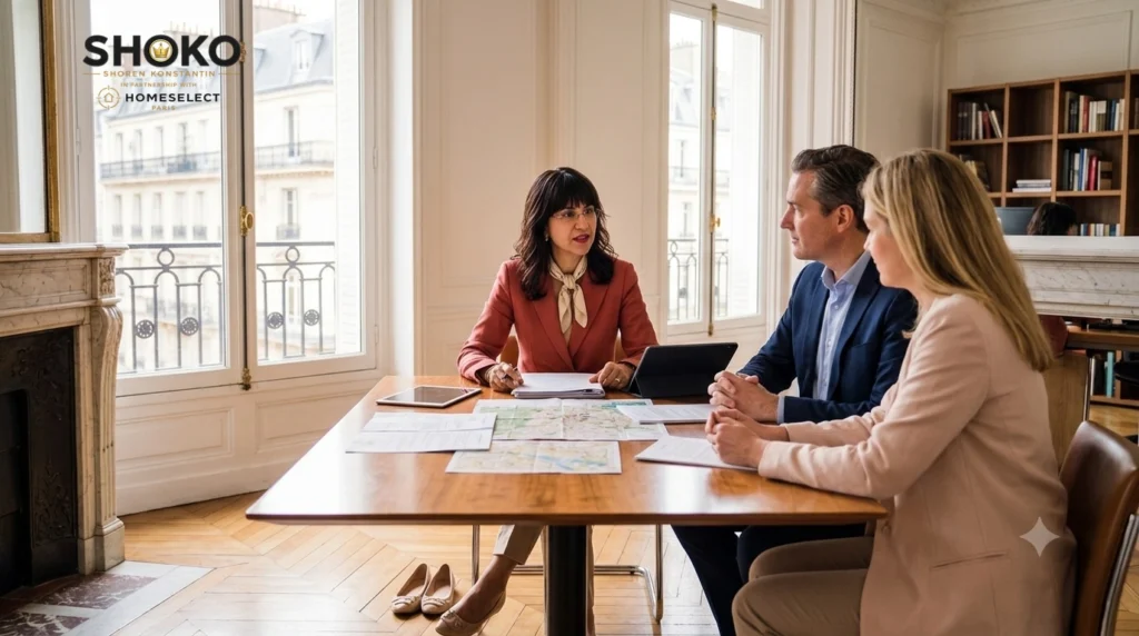 SHOKO passant en revue un compromis de vente avec un couple belge dans un bureau parisien élégant