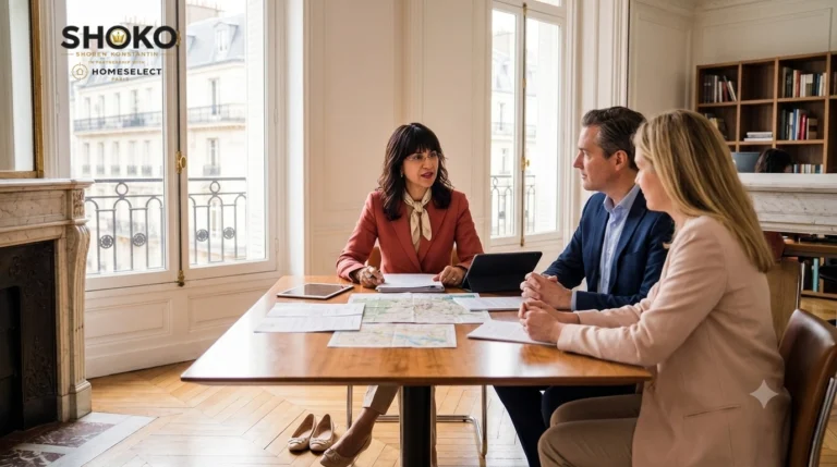 SHOKO passant en revue un compromis de vente avec un couple belge dans un bureau parisien élégant