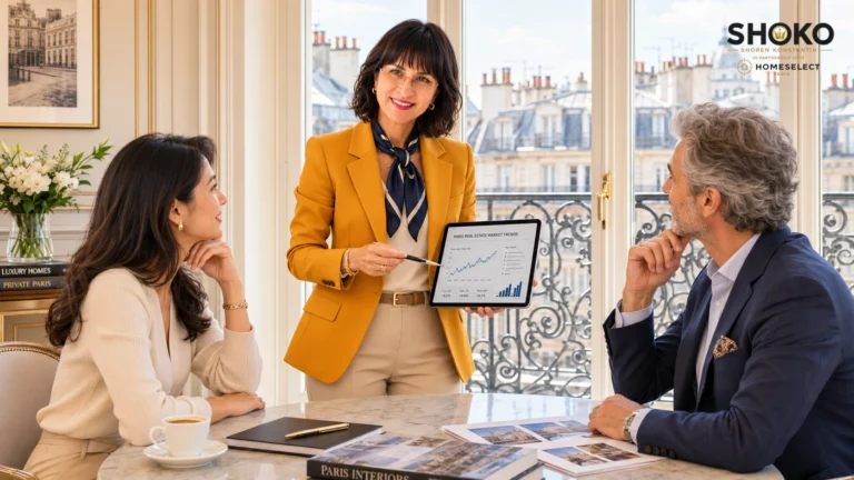 SHOKO présentant un rapport de tendances du marché immobilier à un couple international dans un bureau parisien
