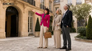 Chasseur immobilier présentant un appartement de luxe hors-marché à des clients internationaux à Paris
